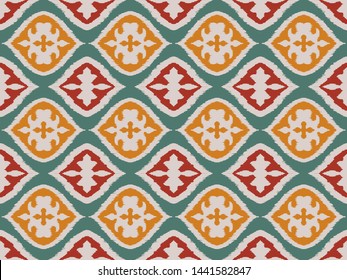 Ikat geometric folklore ornament with diamonds. Damask rug. Tribal ethnic vector texture. Persian geo print. Seamless pattern in Aztec style. Folk embroidery. Gypsy, Mexican, African print.