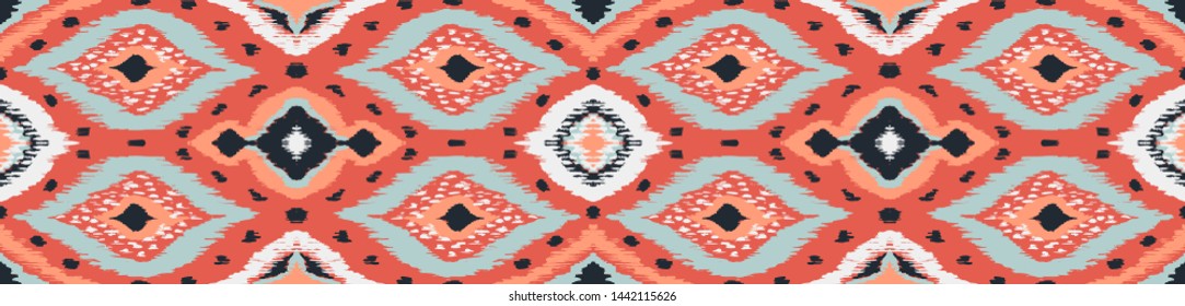 Ikat geometric folklore ornament with diamonds. Tribal ethnic vector texture. Seamless striped pattern in Aztec style. Folk embroidery. Indian, Scandinavian, Gypsy, Mexican, African rug. 