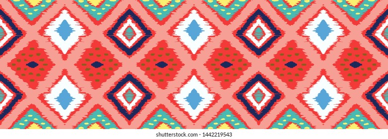 Ikat geometric folklore ornament with diamonds. Tribal ethnic vector texture. Seamless striped pattern in Aztec style. Folk embroidery. Indian, Scandinavian, Gypsy, Mexican, African rug.