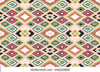 Ikat geometric folklore ornament with diamonds. Tribal ethnic vector texture. Seamless striped pattern in Aztec style. Folk embroidery. Indian, Scandinavian, Gypsy, Mexican, African rug. 