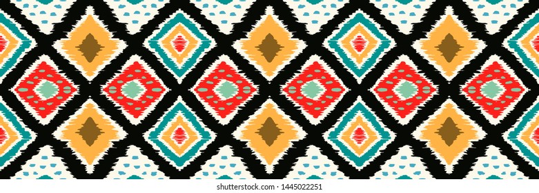 Ikat geometric folklore ornament with diamonds. Tribal ethnic vector texture. Seamless striped pattern in Aztec style. Folk embroidery. Indian, Scandinavian, Gypsy, Mexican, African rug.