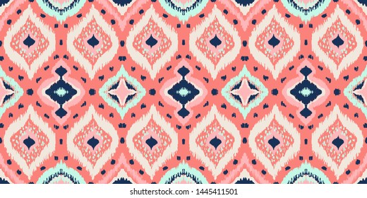 Ikat geometric folklore ornament with diamonds. Tribal ethnic vector texture. Seamless striped pattern in Aztec style. Folk embroidery. Indian, Scandinavian, Gypsy, Mexican, African rug. 