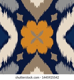 Ikat geometric folklore ornament with diamonds and flowers. African rug. Tribal ethnic vector texture. Seamless pattern in Aztec style. Folk embroidery. Indian batik. Mexican decor.