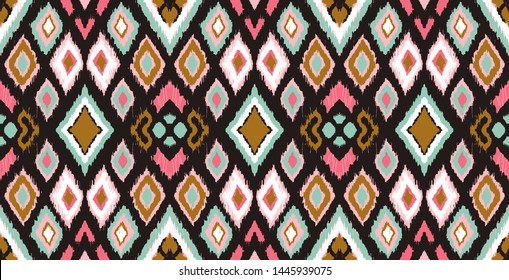 Ikat geometric folklore ornament with diamonds. Tribal ethnic vector texture. Seamless striped pattern in Aztec style. Folk embroidery. Indian, Scandinavian, Gypsy, Mexican, African rug. 
