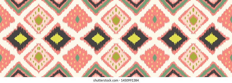 Ikat geometric folklore ornament with diamonds. Tribal ethnic vector texture. Seamless striped pattern in Aztec style. Folk embroidery. Indian, Scandinavian, Gypsy, Mexican, African rug.