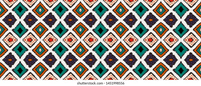 Ikat geometric folklore ornament with diamonds. Tribal ethnic vector texture. Seamless striped pattern in Aztec style. Folk embroidery. Indian, Scandinavian, Gypsy, Mexican, African rug.