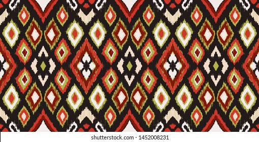 Ikat geometric folklore ornament with diamonds. Tribal ethnic vector texture. Seamless striped pattern in Aztec style. Folk embroidery. Indian, Scandinavian, Gypsy, Mexican, African rug. 