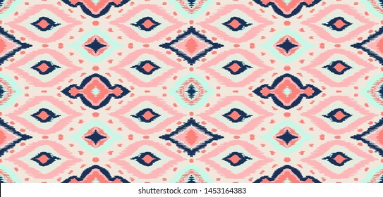 Ikat geometric folklore ornament with diamonds. Tribal ethnic vector texture. Seamless striped pattern in Aztec style. Folk embroidery. Indian, Scandinavian, Gypsy, Mexican, African rug. 