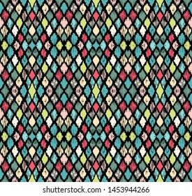 Ikat geometric folklore ornament with diamonds. Tribal ethnic vector texture. Seamless striped pattern in Aztec style. Folk embroidery. Indian, Scandinavian, Gypsy, Mexican, African rug.