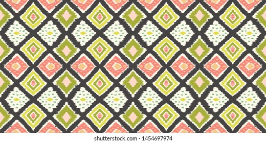 Ikat geometric folklore ornament with diamonds. Tribal ethnic vector texture. Seamless striped pattern in Aztec style. Folk embroidery. Indian, Scandinavian, Gypsy, Mexican, African rug.