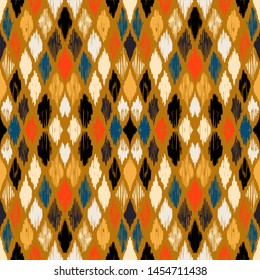 Ikat geometric folklore ornament with diamonds. Tribal ethnic vector texture. Seamless striped pattern in Aztec style. Folk embroidery. Indian, Scandinavian, Gypsy, Mexican, African rug.
