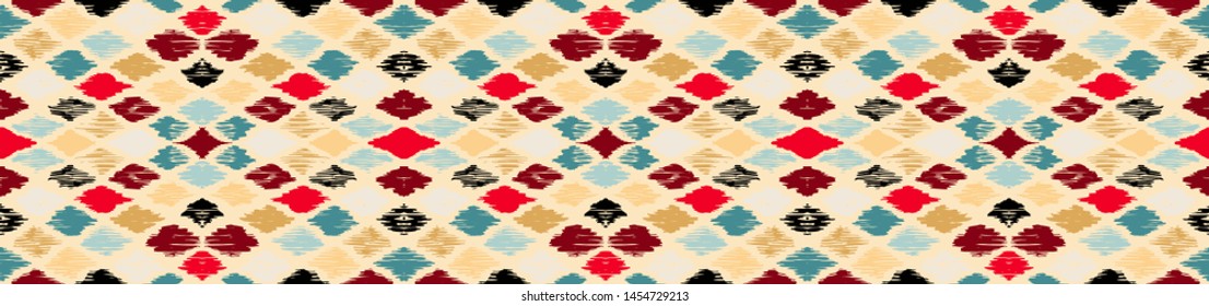 Ikat geometric folklore ornament with diamonds. Tribal ethnic vector texture. Seamless striped pattern in Aztec style. Folk embroidery. Indian, Scandinavian, Gypsy, Mexican, African rug.