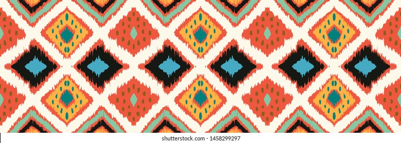 Ikat geometric folklore ornament with diamonds. Tribal ethnic vector texture. Seamless striped pattern in Aztec style. Folk embroidery. Indian, Scandinavian, Gypsy, Mexican, African rug.