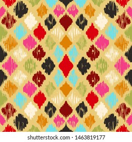 Ikat geometric folklore ornament with diamonds. Tribal ethnic vector texture. Seamless striped pattern in Aztec style. Folk embroidery. Indian, Scandinavian, Gypsy, Mexican, African rug.