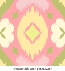 Ikat geometric folklore ornament with diamonds and flowers. African rug. Tribal ethnic vector texture. Seamless pattern in Aztec style. Folk embroidery. Indian batik. Mexican decor.