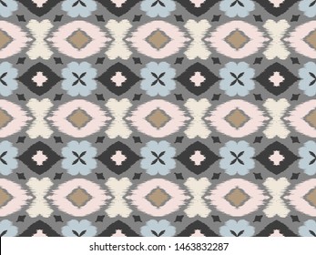 Ikat geometric folklore ornament with diamonds and flowers. African rug. Tribal ethnic vector texture. Seamless pattern in Aztec style. Folk embroidery. Indian batik. Mexican decor.