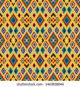 Ikat geometric folklore ornament with diamonds. Tribal ethnic vector texture. Seamless striped pattern in Aztec style. Folk embroidery. Indian, Scandinavian, Gypsy, Mexican, African rug. 