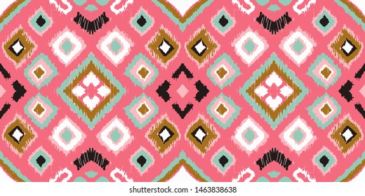 Ikat geometric folklore ornament with diamonds. Tribal ethnic vector texture. Seamless striped pattern in Aztec style. Folk embroidery. Indian, Scandinavian, Gypsy, Mexican, African rug. 