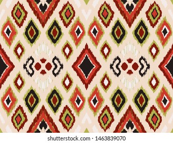 Ikat geometric folklore ornament with diamonds. Tribal ethnic vector texture. Seamless striped pattern in Aztec style. Folk embroidery. Indian, Scandinavian, Gypsy, Mexican, African rug. 