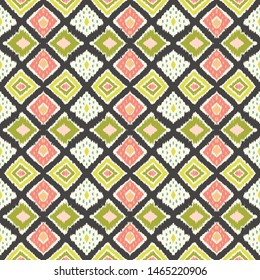 Ikat geometric folklore ornament with diamonds. Tribal ethnic vector texture. Seamless striped pattern in Aztec style. Folk embroidery. Indian, Scandinavian, Gypsy, Mexican, African rug.