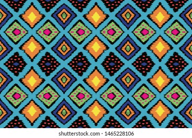 Ikat geometric folklore ornament with diamonds. Tribal ethnic vector texture. Seamless striped pattern in Aztec style. Folk embroidery. Indian, Scandinavian, Gypsy, Mexican, African rug.