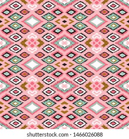 Ikat geometric folklore ornament with diamonds. Tribal ethnic vector texture. Seamless striped pattern in Aztec style. Folk embroidery. Indian, Scandinavian, Gypsy, Mexican, African rug. 
