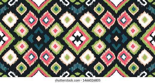 Ikat geometric folklore ornament with diamonds. Tribal ethnic vector texture. Seamless striped pattern in Aztec style. Folk embroidery. Indian, Scandinavian, Gypsy, Mexican, African rug. 