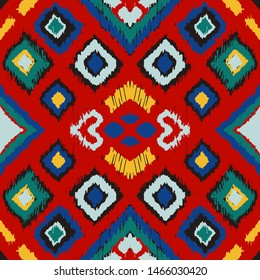Ikat geometric folklore ornament with diamonds. Tribal ethnic vector texture. Seamless striped pattern in Aztec style. Folk embroidery. Indian, Scandinavian, Gypsy, Mexican, African rug. 