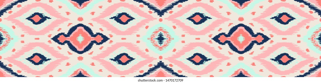 Ikat geometric folklore ornament with diamonds. Tribal ethnic vector texture. Seamless striped pattern in Aztec style. Folk embroidery. Indian, Scandinavian, Gypsy, Mexican, African rug. 