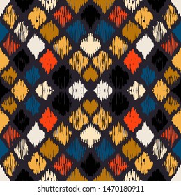 Ikat geometric folklore ornament with diamonds. Tribal ethnic vector texture. Seamless striped pattern in Aztec style. Folk embroidery. Indian, Scandinavian, Gypsy, Mexican, African rug.