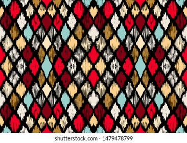 Ikat geometric folklore ornament with diamonds. Tribal ethnic vector texture. Seamless striped pattern in Aztec style. Folk embroidery. Indian, Scandinavian, Gypsy, Mexican, African rug. 