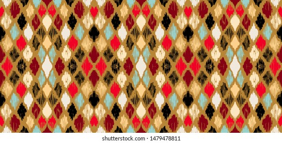 Ikat geometric folklore ornament with diamonds. Tribal ethnic vector texture. Seamless striped pattern in Aztec style. Folk embroidery. Indian, Scandinavian, Gypsy, Mexican, African rug. 