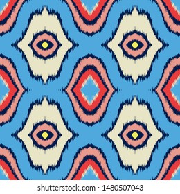 Ikat geometric folklore ornament with diamonds. Tribal ethnic vector texture. Seamless striped pattern in Aztec style. Folk embroidery. Indian, Scandinavian, Gypsy, Mexican, African rug. 