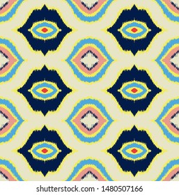 Ikat geometric folklore ornament with diamonds. Tribal ethnic vector texture. Seamless striped pattern in Aztec style. Folk embroidery. Indian, Scandinavian, Gypsy, Mexican, African rug. 