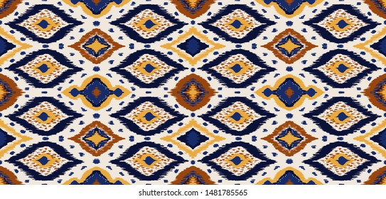 Ikat geometric folklore ornament with diamonds. Tribal ethnic vector texture. Seamless striped pattern in Aztec style. Folk embroidery. Indian, Scandinavian, Gypsy, Mexican, African rug. 