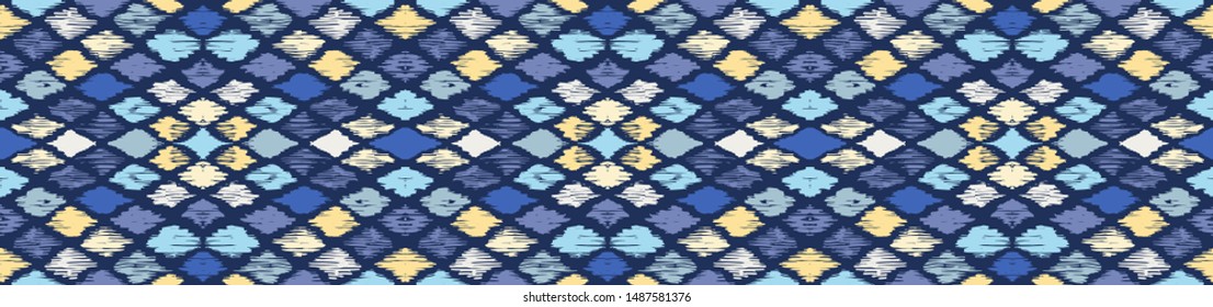 Ikat geometric folklore ornament with diamonds. Tribal ethnic vector texture. Seamless striped pattern in Aztec style. Folk embroidery. Indian, Scandinavian, Gypsy, Mexican, African rug.