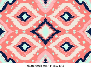 Ikat geometric folklore ornament with diamonds. Tribal ethnic vector texture. Seamless striped pattern in Aztec style. Folk embroidery. Indian, Scandinavian, Gypsy, Mexican, African rug. 