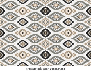 Ornamento de folclore geométrico Ikat com diamantes. Textura vetorial étnica tribal. Padrão listrado sem emenda em estilo asteca. Bordados folclóricos. Tapete indiano, escandinavo, cigano, mexicano, africano. 