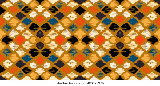 Ikat geometric folklore ornament with diamonds. Tribal ethnic vector texture. Seamless striped pattern in Aztec style. Folk embroidery. Indian, Scandinavian, Gypsy, Mexican, African rug.