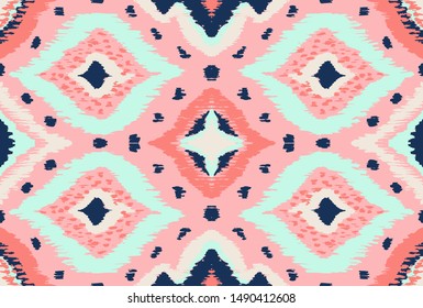 Ikat geometric folklore ornament with diamonds. Tribal ethnic vector texture. Seamless striped pattern in Aztec style. Folk embroidery. Indian, Scandinavian, Gypsy, Mexican, African rug. 