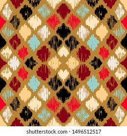 Ikat geometric folklore ornament with diamonds. Tribal ethnic vector texture. Seamless striped pattern in Aztec style. Folk embroidery. Indian, Scandinavian, Gypsy, Mexican, African rug.