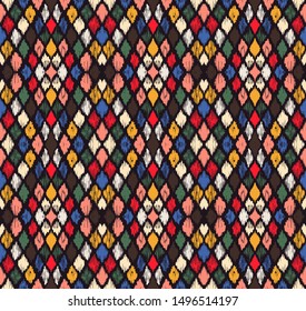 Ikat geometric folklore ornament with diamonds. Tribal ethnic vector texture. Seamless striped pattern in Aztec style. Folk embroidery. Indian, Scandinavian, Gypsy, Mexican, African rug.