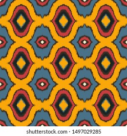 Ikat geometric folklore ornament with diamonds. Tribal ethnic vector texture. Seamless striped pattern in Aztec style. Folk embroidery. Indian, Scandinavian, Gypsy, Mexican, African rug. 