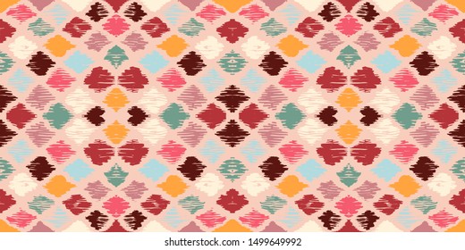 Ikat geometric folklore ornament with diamonds. Tribal ethnic vector texture. Seamless striped pattern in Aztec style. Folk embroidery. Indian, Scandinavian, Gypsy, Mexican, African rug.