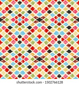 Ikat geometric folklore ornament with diamonds. Tribal ethnic vector texture. Seamless striped pattern in Aztec style. Folk embroidery. Indian, Scandinavian, Gypsy, Mexican, African rug.
