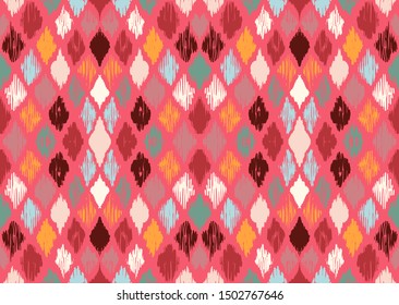 Ikat geometric folklore ornament with diamonds. Tribal ethnic vector texture. Seamless striped pattern in Aztec style. Folk embroidery. Indian, Scandinavian, Gypsy, Mexican, African rug.