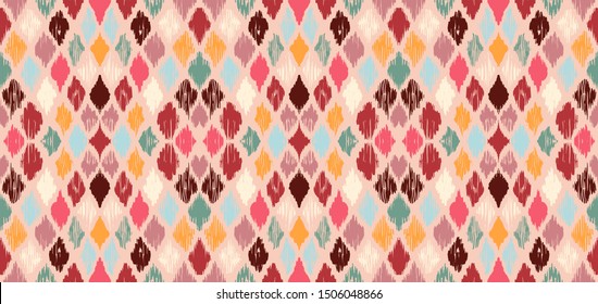 Ikat geometric folklore ornament with diamonds. Tribal ethnic vector texture. Seamless striped pattern in Aztec style. Folk embroidery. Indian, Scandinavian, Gypsy, Mexican, African rug.