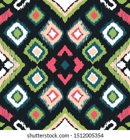 Ikat geometric folklore ornament with diamonds. Tribal ethnic vector texture. Seamless striped pattern in Aztec style. Folk embroidery. Indian, Scandinavian, Gypsy, Mexican, African rug. 