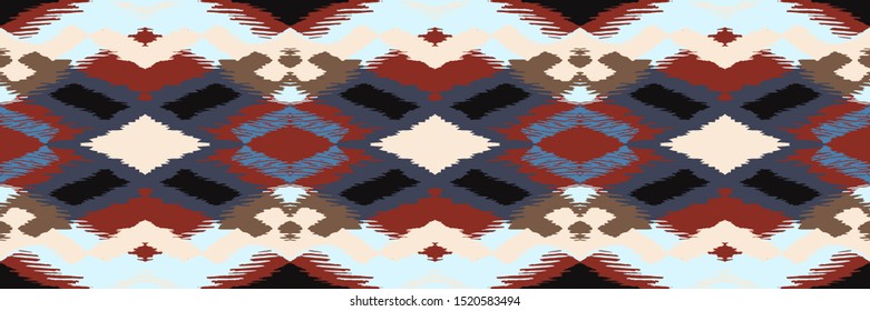 Ikat geometric folklore ornament with diamonds. Tribal ethnic vector texture. Seamless striped pattern in Aztec style. Folk embroidery. Indian, Scandinavian, Gypsy, Mexican, African rug.