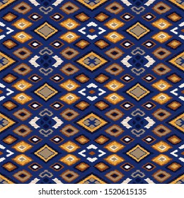 Ikat geometric folklore ornament with diamonds. Tribal ethnic vector texture. Seamless striped pattern in Aztec style. Folk embroidery. Indian, Scandinavian, Gypsy, Mexican, African rug. 